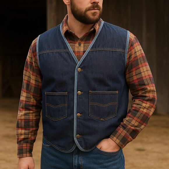 Roebucks Vintage Sherpa Denim Vest XL Tall men's Sears Workwear Western - Picture 1 of 7